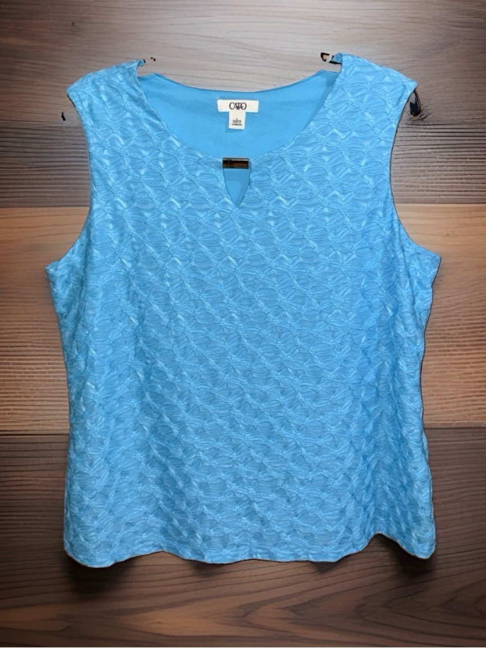 Cato Sky Blue Sleeveless Textured Top w/Keyhole Accent-L-EC